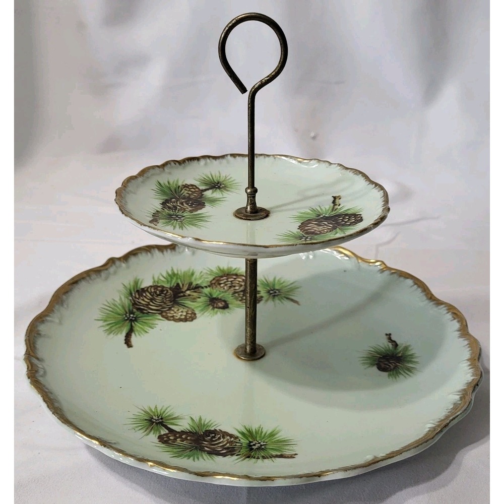Vintage 2-tier Display Plate Stand Green Gold Edge and Pine Cone Pattern Japan